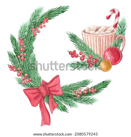 Watercolor set of elements on the theme of Christmas and New Year's decor, isolated on a white background, Christmas wreath,  Christmas toys, Christmas candy cane, cocoa with marshmallows