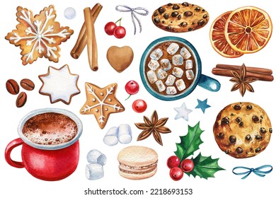 Watercolor set of elements. Star, heart, cup and sweets. Biscuit, macaroon, marshmallow, red berries cranberries, dried orange, cinnamon, anise and coffee beans. - Powered by Shutterstock - Get 15% off with code: PIKWIZARD15