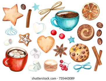 watercolor set of elements. Star, heart,  cup and sweets, biscuit, macaroon, marshmallow, meringue, red berries cranberries, dried orange, cinnamon, anise, coffee beans. - Powered by Shutterstock