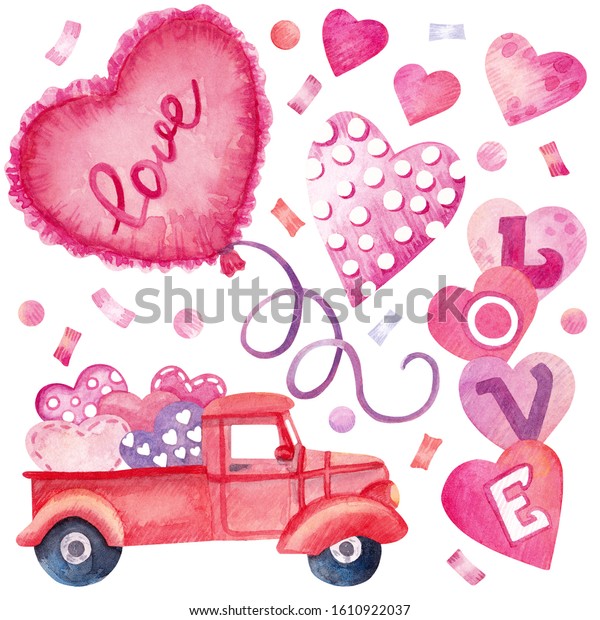Watercolor set of elements for Valentine\'s Day. Hearts,\
balloon, confetti, car for design, decoration, scrapbooking,\
stickers and other purposes.\
