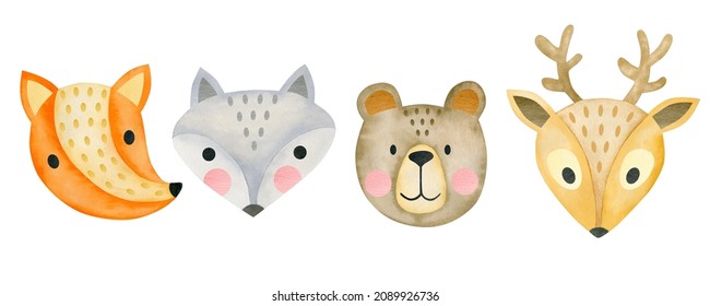 Watercolor set of faces bear, fox, wolf, deer isolated on white background. Animal.