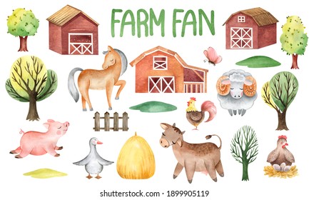 Watercolor Set Of Farm Animals Collection