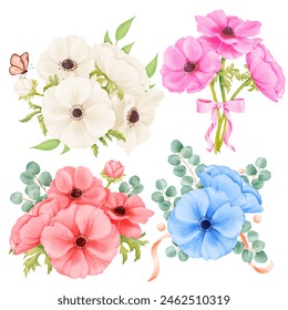 Watercolor set featuring anemone bouquets in various colors. adorned with satin ribbons, butterflies and eucalyptus sprigs. for wedding stationery, event invitations, floral designs backgrounds - Powered by Shutterstock