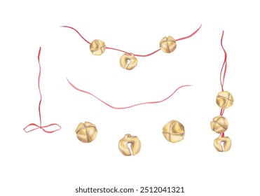 A watercolor set featuring golden jingle bells and red ribbons. Perfect for Christmas decorations, greeting cards, holiday crafts, and festive designs, including garlands, ribbons, and ornaments - Powered by Shutterstock