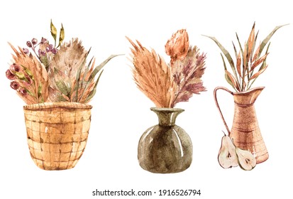 Watercolor Set Flowers In Vases With Tropical Jungle Leaves On White Background. Watercolor Painting Flower Bouquets Red, Pink Colors In Glass Vase, Reed Basket And Iron Jug