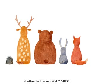 Watercolor Set With Forest Animals Sitting Backwards Fox, Bear, Hedgehog, Hare, Deer