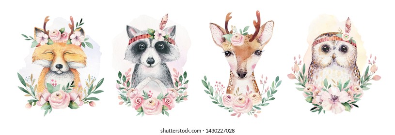 Watercolor set forest cartoon isolated cute baby fox  deer  raccoon   owl animal and flowers  Nursery woodland illustration  Bohemian boho drawing for nursery poster  pattern