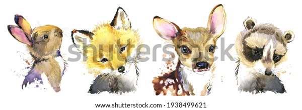 水彩のセットにした かわいい子狐 鹿 アライグマ ウサギ 木の国のイラスト のイラスト素材