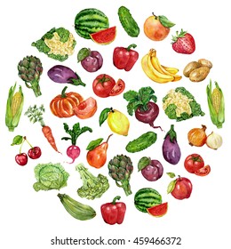 Watercolor Set With Fruits And Vegetables