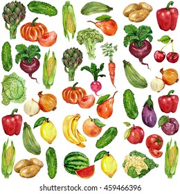 Watercolor Set With Fruits And Vegetables