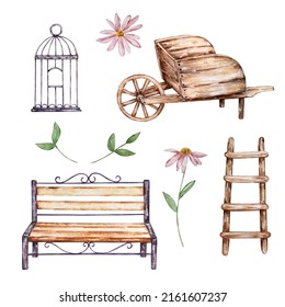 Watercolor Set Of Garden Bench, Wheelbarrows, Ladder Shelf

