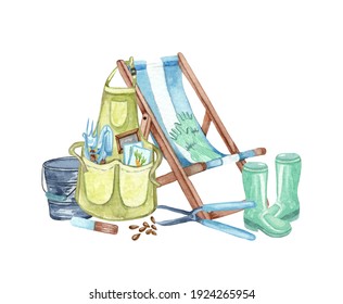 Watercolor Set Of Garden Objects (apron, Rubber Boots, Watering Basket, Flowerpot, Sun Chair). Gardening Tools. Spring Garden Illustration