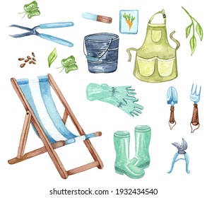 Watercolor Set Of Garden Objects Apron, Rubber Boots, Watering Basket, Flowerpot, Sun Chair. Gardening Tools. Spring Garden Illustration.