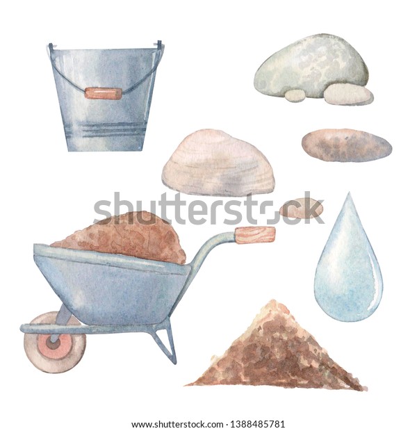 watercolor set of garden tools. Illustration of a\
garden car, bucket, stones, water drops, heaps of land on a white\
background, cartoon\
style