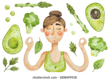 Watercolor set of girl meditate with closed eyes and healthy food. Hand drawn young woman with green vegetables on white background - Powered by Shutterstock