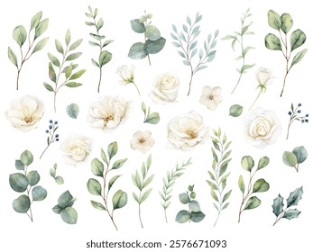 Watercolor set with green eucalyptus leaves and white roses. Greenery clipart for wedding invitation, greeting cards, save the date, stationery design.  Hand drawn illustration. 