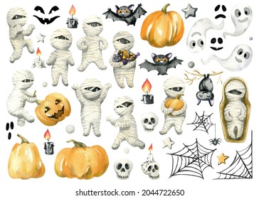 Watercolor set of Halloween characters. Cute mummy, Pumpkin, bat,  Ghost, spider, net and scull. Isolated on a white background.