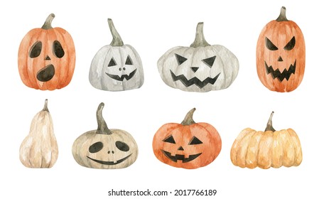 Watercolor Set With Halloween Pumpkins In Different Colours. Cute, Spooky, Scary Veggies