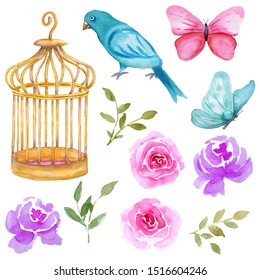 Watercolor set of hand-drawn flowers, peonies, roses, butterflies, gold birdcage, bird, blue parrot or canary, leaves. Fairy tale botanical elements isolated on white background.