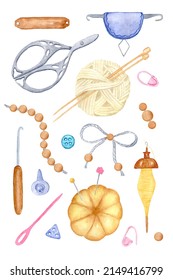 Watercolor set with handicraft tools. Things for embroiderers, seamstresses and knitters. Scissors, spindle, threader and other sewing needles and threads