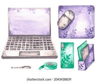 Watercolor Set With Home Office Items Laptop, Mouse, Mouse Pad, Smartphone, Pen, Tape, Folder On A White Background