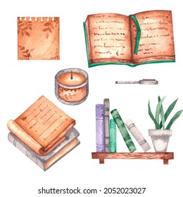 Watercolor Set With Home Office Items Books, A Shelf With Books And A Plant, A Pen, A Candle, A Notebook On A White Background