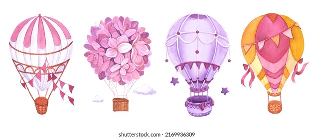 Watercolor set and hot air balloons   garland  Hand painted sky illustration and aerostate   flags isolated white background Design for logo  baby textile  print  nursery decor design  print