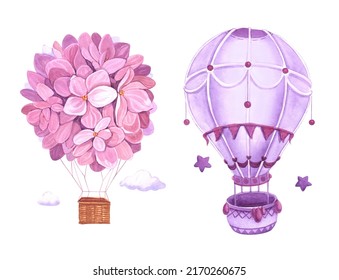 Watercolor set and hot air balloons   garland  Hand painted sky illustration and aerostate   flags isolated white background Design for logo  baby textile  print  nursery decor design  print