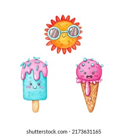 Watercolor Set With Ice Cream And Sun. Delicious Illustration. Kawaii. Summer Handmade Food Drawing. Sweet. Dessert. Fresh. Summer Time. Heat. Sea. Beach. Cute. Bright. Horn, Popsicle And Fruit Ice. 