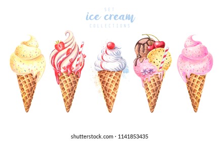 Watercolor set of ice cream in a waffle cone. Hand-drawn illustration isolated on white background. - Powered by Shutterstock