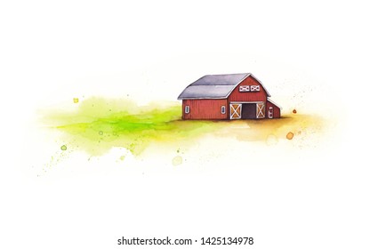 Watercolor Set Illustration. Barn In The Meadow