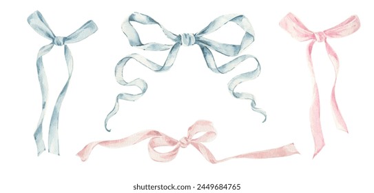 Watercolor set illustration of bows in blue and pink colors. Vintage clipart. Bow logo. Bow postcard template. Bow wedding invitation. - Powered by Shutterstock