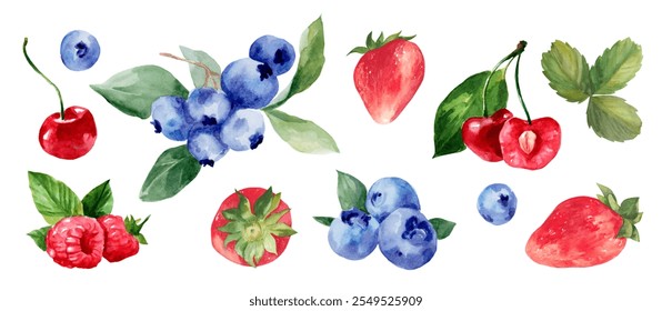 Watercolor set of illustrations of fresh berries isolated on a white background. Strawberries, blueberries and raspberries with leaves for packaging and menu design - Powered by Shutterstock