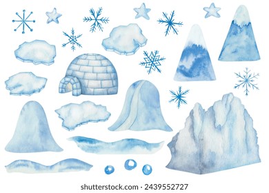 Watercolor set of illustrations. Hand painted igloo house, ice floe, iceberg. Blue, white glacier, mountain, block of ice, icehouse. Floating frozen water, snow. Snowflakes. Winter. Isolated clip art