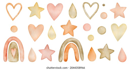 Watercolor set of illustrations of hearts, stars, rainbow, raindrop, bulb in boho style isolated on white background.
