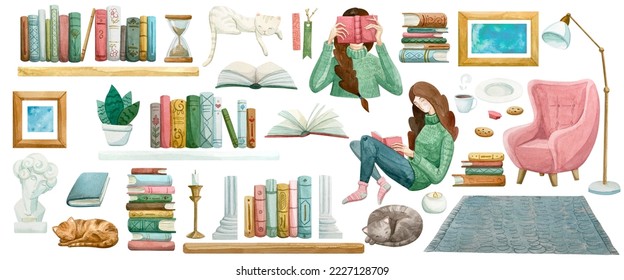 Watercolor set of illustrations on a book theme. Books, shelves, an armchair, a reading girl are drawn. For use by book bloggers, libraries, publishing houses for designing websites and merch. - Powered by Shutterstock