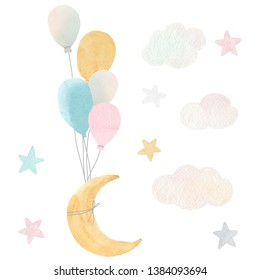 Watercolor Set Of Isolated Illustrations, Moon On Balloons, Stars And Clouds.