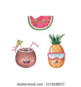 Watercolor Set With Kawaii Fruits. Delicious Illustration. Food. Pineapple, Watermelon And Coconut. Summer Handmade Food Drawing. Sweet. Fresh. Summer Time. Heat. Sea. Beach. Cute. Bright. Art.