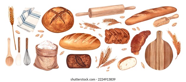 Watercolor set kitchen tools and bread. Buns, baguettes, bread, pastries, and other baked goods. Concept for a bakery or cafe. Background for your design: restaurant menu element, recipe cooking book. - Powered by Shutterstock