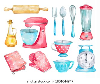 Watercolor Set With Kitchen Utensils Isolated On White Background. Vintage Culinary сlipart. Kitchen Icon In Retro Style. Hand Drawn Cooking Elements Perfect For Card, Food Blog And Logo Design