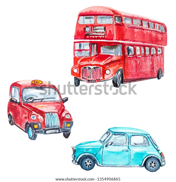 Watercolor set with London symbols bus and\
car, taxi\
illustration.