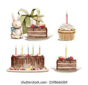 Watercolor Set With Many Sweet Tasty Chocolate Birthday Cakes With Candles, Gift Present Box And Toy Rabbit Isolated On White Background. Hand Drawn Illustration Sketch