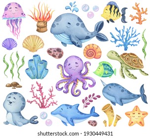 Watercolor set of marine animals and flora isolated on a white background. Children's illustrations of animal ocean for textiles, cards or prints