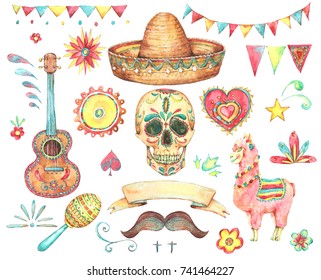 Watercolor set mexican hand painted design elements  skull  sombrero  llama  sun  flag  Guitar   mustache  flowers  Day The Dead collection  Cinco de Mayo objects