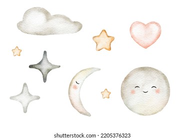 Watercolor set and moon  crescent moon  cloud  stars  heart  Heavenly elements for children's design  Hand drawn illustration