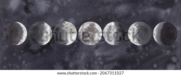 Watercolor Set of moon phases. Different\
phases of the moon in the background of the starry night sky. A\
symbol of a new beginning, a dream, fantasy, magic. Hand drawn moon\
watercolor\
illustration.
