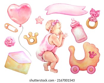 Watercolor set for newborn baby girl, for baby shower - Powered by Shutterstock