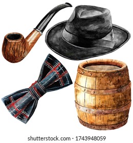 Watercolor set of objects from the time of bootleggers - tobacco pipe, black hat, bow tie, wooden wine barrel. On the white background