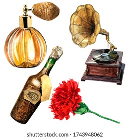 Watercolor set of objects from the time of bootleggers - gramophone, carnation, perfume, bottle of wine. On the white background
