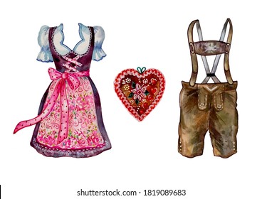 Watercolor set of Oktoberfest. Bavaria Munich beer festival. Clothing and heart isolated on white background.  Design elements. 